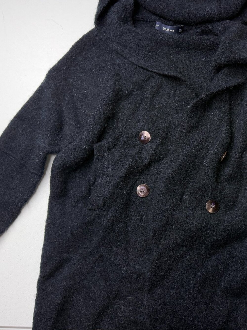 Zara Knit Hooded Double Breasted Coatigan Size Medium Charcoal Black